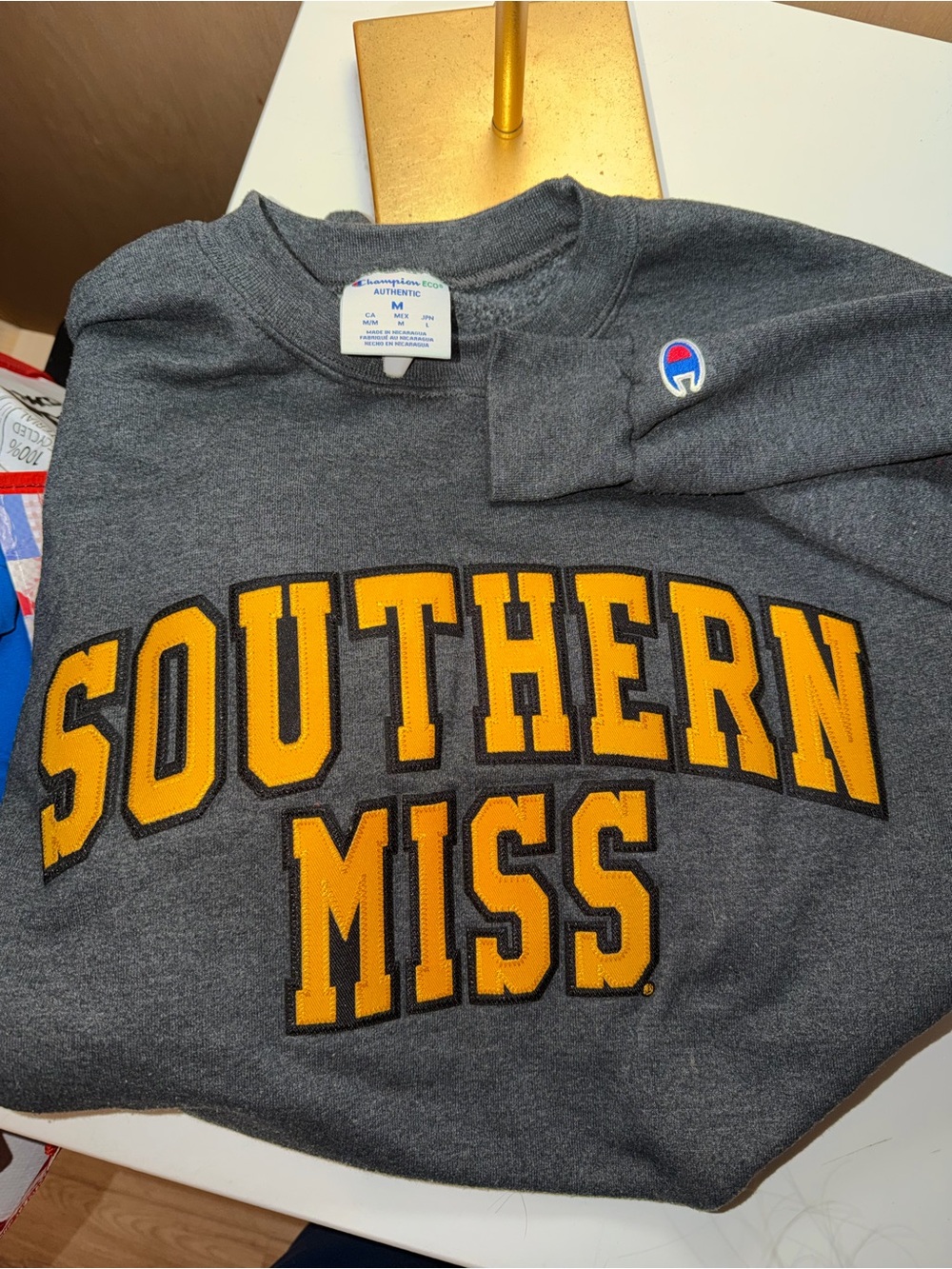 Champion Dark Gray 'Southern Miss' Crewneck Sweatshirt with Yellow Lettering